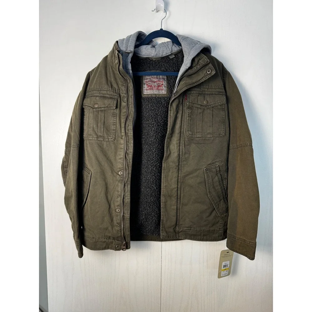 Levi's Mens Military Jacket Green‎ Olive Washed Cotton Sherpa Lined Hooded Small